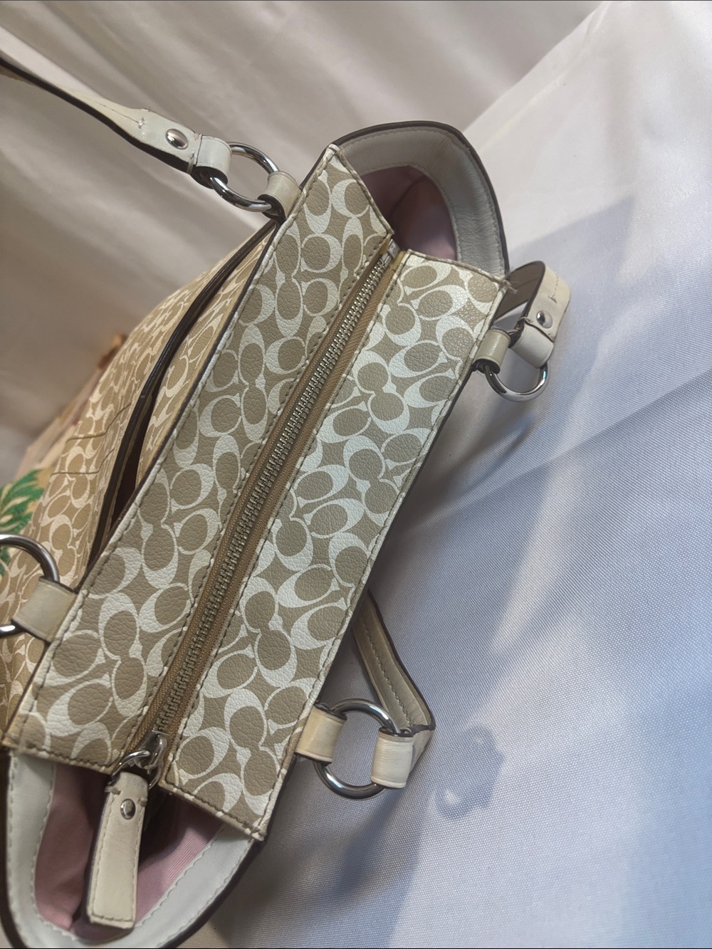 Coach Beige Signature Canvas Shoulder Bag with Cream Trim